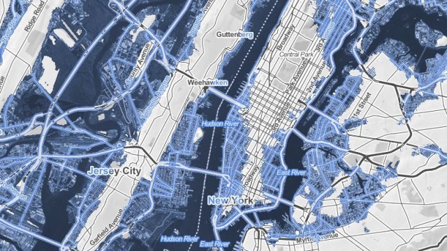 Klimawandel: Bei einer Erderwärmung von vier Grad wären laut den Autoren auch große Gebiete (blau markiert) New Yorks vom Wasser bedroht.