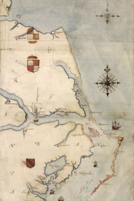 Geschichte der USA: Roanoke Island (rot markiert) auf einer Karte aus dem späten 16. Jahrhundert