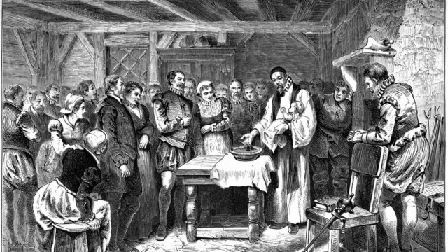 Geschichte der USA: Die Kolonie auf Roanoke Island hatte für spätere amerikanische Generationen eine große Bedeutung: Eine Lithografie aus dem 19. Jahrhundert zeigt die Taufe der Virginia Dare, der ersten Engländerin, die in Nordamerika zur Welt kam.