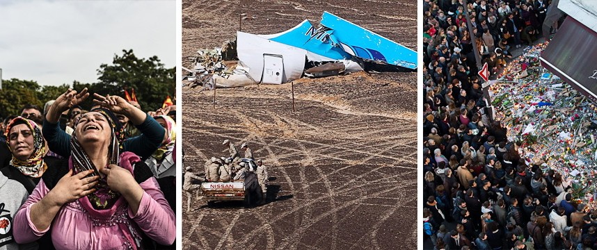 Drahtzieher der Anschläge von Paris: Trauer in Ankara und Paris (links und rechts), ein Wrackteil der abgestürzten Maschine auf dem Sinai