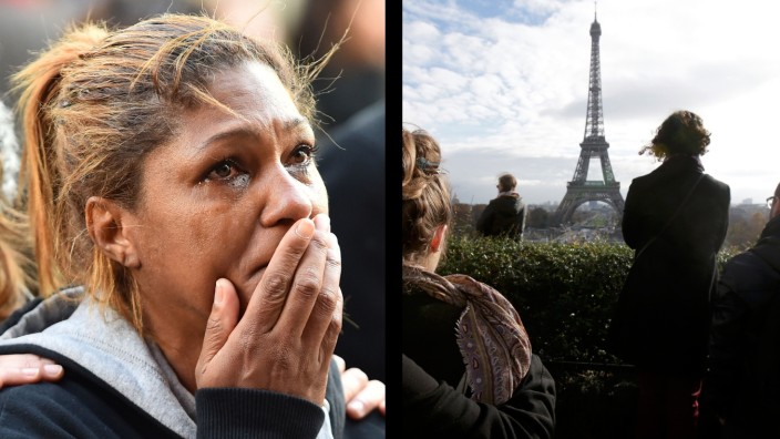 Terrormiliz Islamischer Staat: Eine Stadt unter Schock: Auf der Rue de Charonne können viele noch immer nicht begreifen, was passiert ist (links). Mit einer Schweigeminute gedenken die Menschen vor dem Eiffelturm der Opfer (rechts).