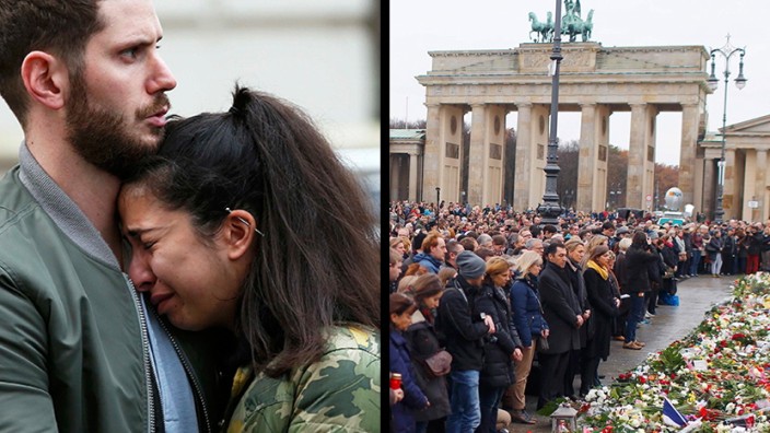 Sicherheit in Europa: Vor den französischen Botschaften in Berlin (rechts) und London (links) ehren die Menschen die Opfer von Paris mit einer Schweigeminute.