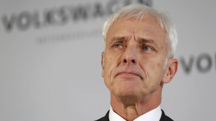 Volkswagen CEO Matthias Mueller makes a statement at the VW factory in Wolfsburg