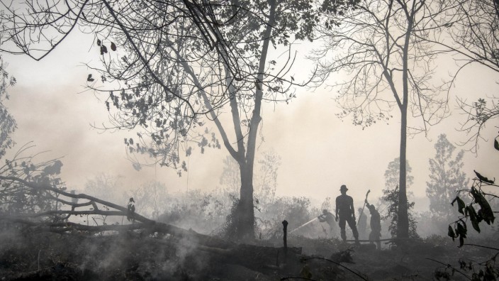 Indonesian police spray water on a peatland fire in Kampar, Riau province on the Indonesian island of Sumatra