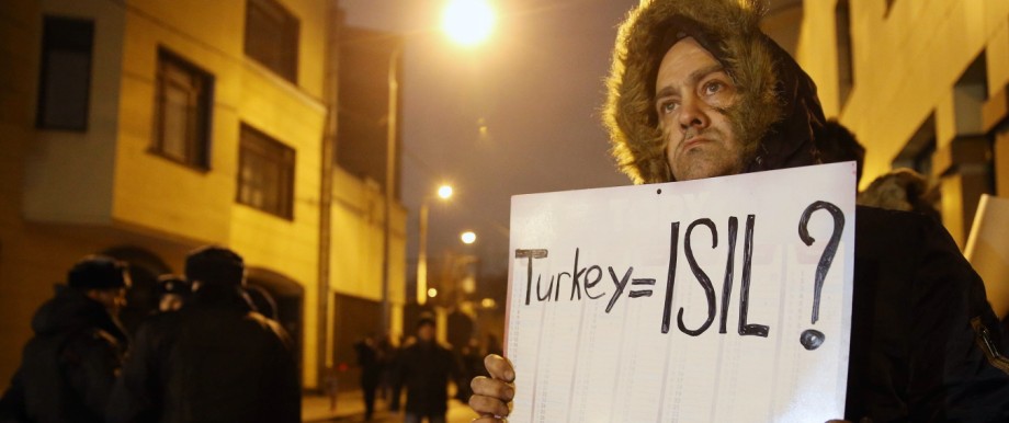 MOSCOW RUSSIA NOVEMBER 24 2015 A man stages a one person protest outside the Turkish Embassy in