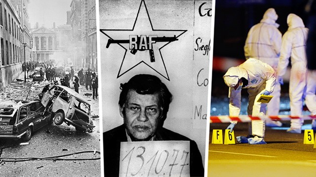 Terrorismus: Links: ein Anschlag der IRA 1973 in London; Mitte: die Entführung und anschließende Ermordung Hanns Martin Schleyers durch die RAF 1977; rechts: ein Tatort bei den Anschlägen von Paris