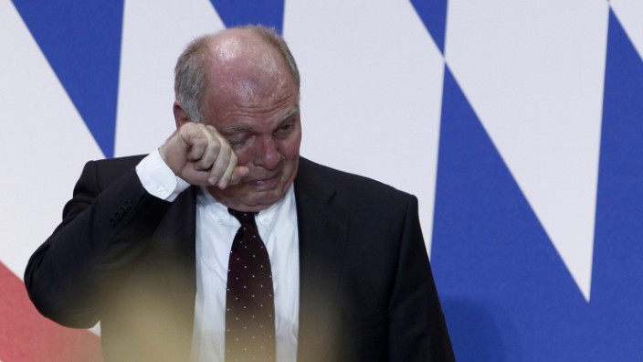Bayern Munich's President Hoeness reacts during annual meeting of German Bundesliga first division soccer club in Munich