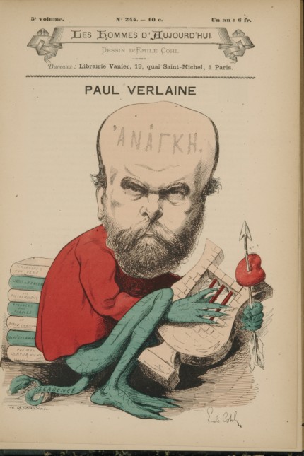 Ausstellung: Eine Karikatur von Paul Verlaine als böser Gnom mit Lyra.