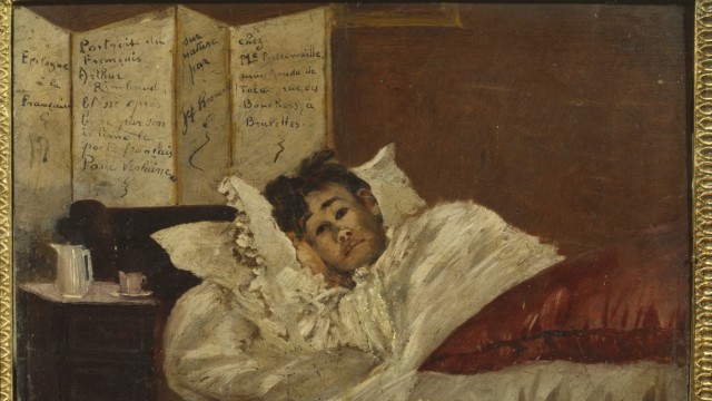 Ausstellung: Der von seinem Freund angeschossene Dichter Arthur Rimbaud im Krankenbett, gemalt von dem Belgier Jef Rosman.
