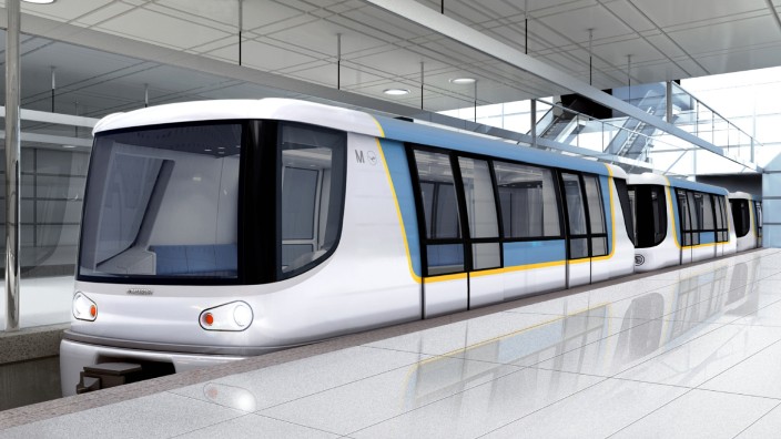 Neues Satellitenterminal: So soll die neue Mini-U-Bahn am Flughafen aussehen. Simulation: Bombardier