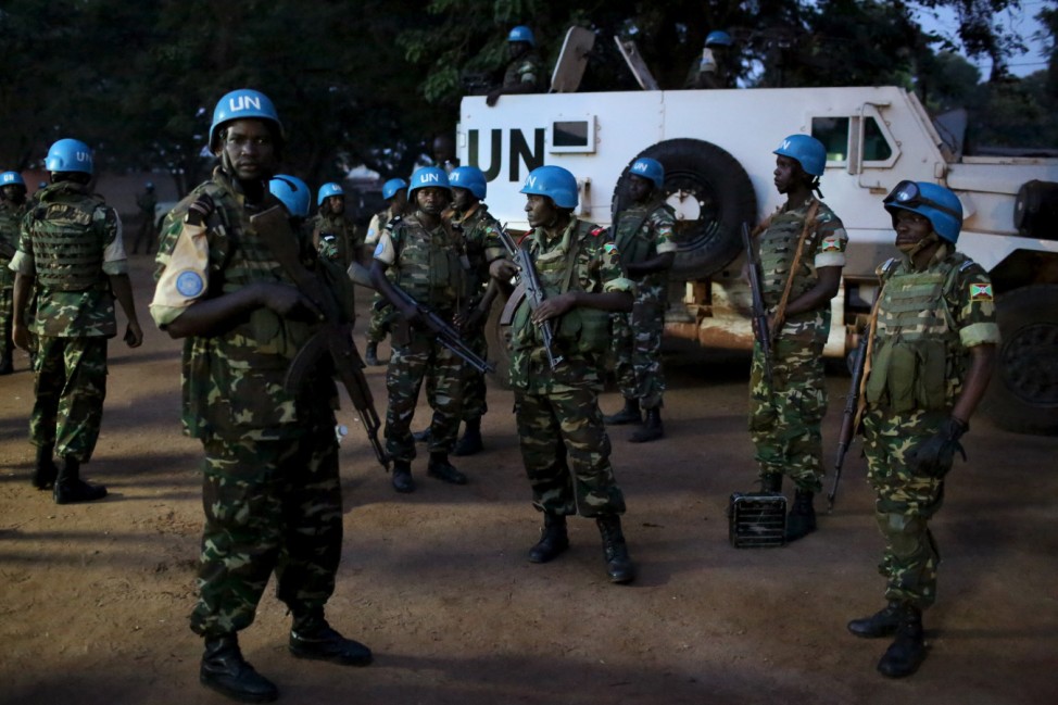 United Nations peacekeepers prepare to secure the grounds of the central mosque in the mostly Muslim PK5 neighbourhood of the capital Bangui for the visit of Pope Francis
