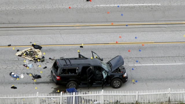 The remains of a SUV involved in the Wednesdays attack is shown in San Bernardino, California