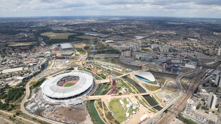 Olympia 2012: Luftaufnahme des Queen Elizabeth Olympic Park in Stratford im Osten Londons.
