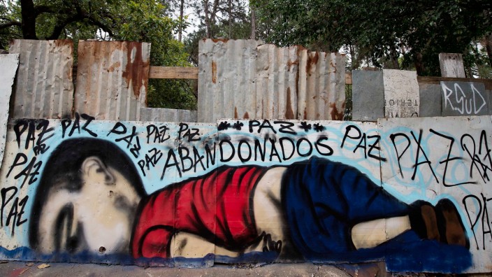 Aylan Kurdi: Zeichnung von Aylan Kurdi an einer Wand in Sorocaba, Brazil.