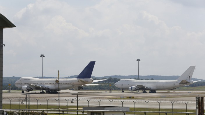 Two of three abandoned Boeing 747 planes are seen parked on the tarmac at Kuala Lumpur International Airport in Sepang, Malaysia