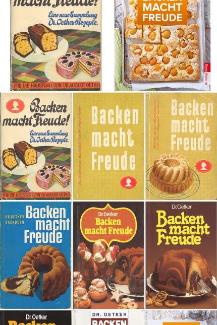 "Backen macht Freude" von Dr. Oetker: Die erste Ausgabe von 1930 (erste Reihe links) war ein dünnes Heft, das Frauen animieren sollte, die Zutaten des Nährmittelfabrikanten Dr. Oetker zu verwenden. Die jüngste (unterste Reihe rechts) ist ein dicker Wälzer.