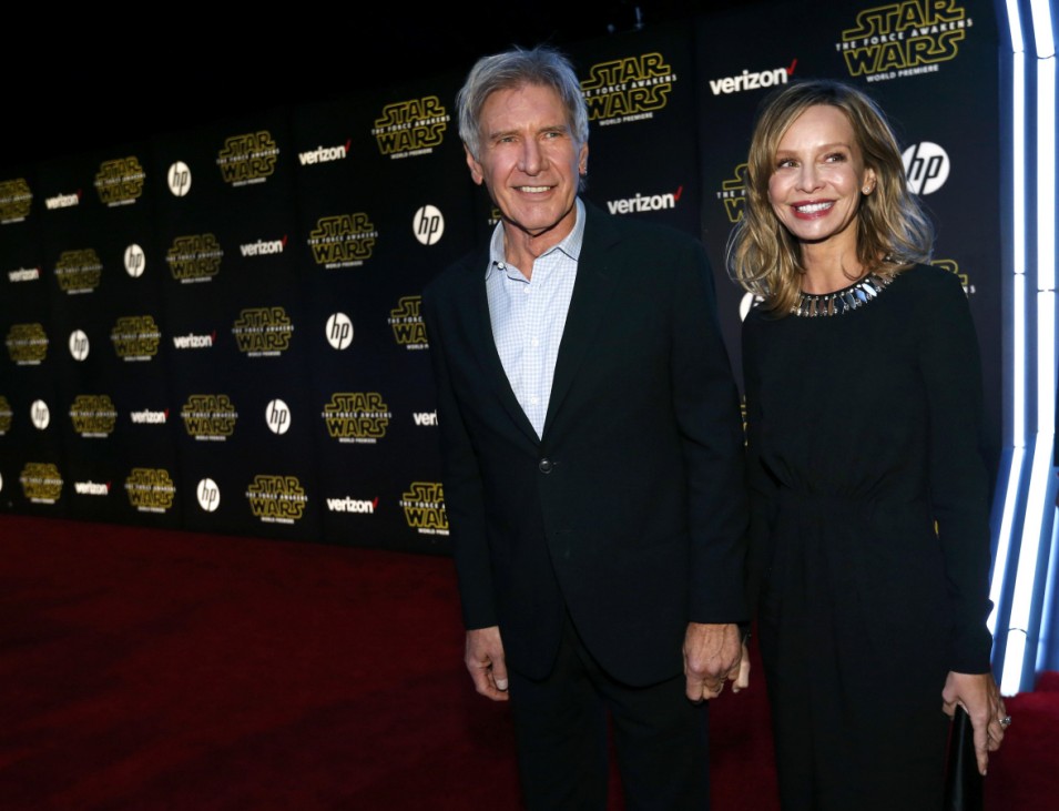 Actor Harrison Ford and his wife, actress Calista Flockhart, arrive at the premiere of 'Star Wars: The Force Awakens' in Hollywood