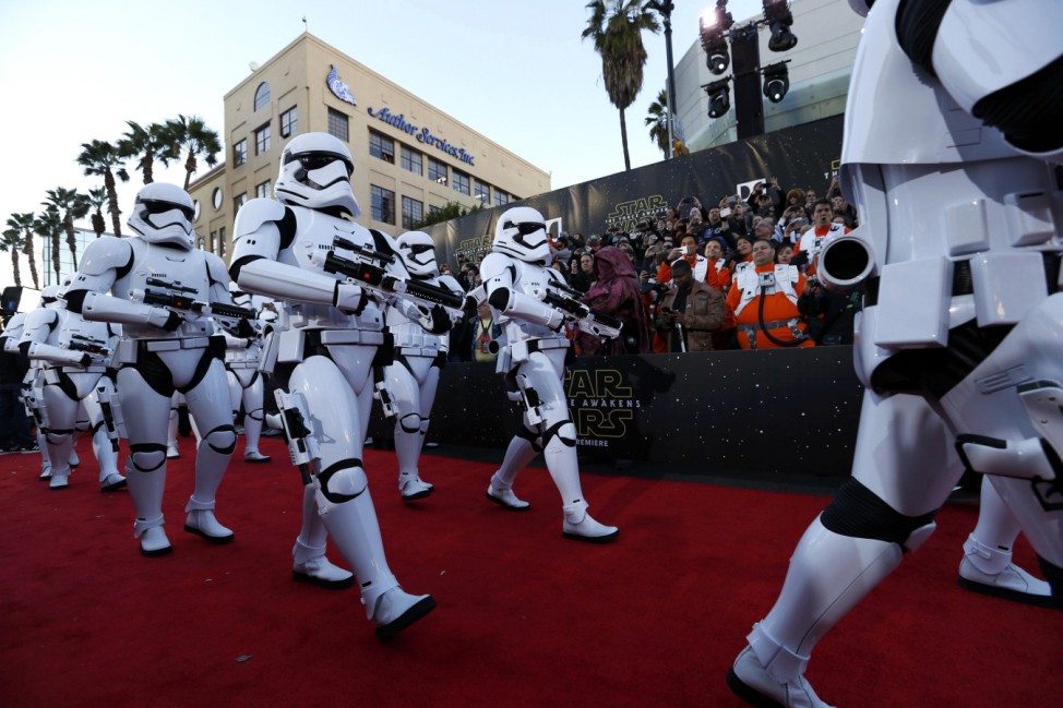 Storm Troopers march in at the world premiere of the film 'Star Wars: The Force Awakens' in Hollywood