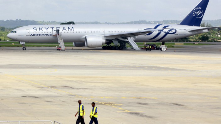 A view of an Air France Boeing 777 aircraft that made an emergency landing is pictured at Moi International Airport in Kenya's coastal city of Mombasa