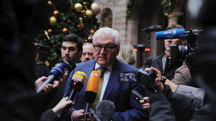 German Foreign Minister Steinmeier speaks to reporters following a meeting of Foreign Ministers regarding the situation in Syria in the Manhattan borough of New York