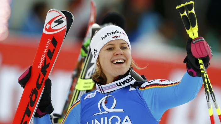 Rebensburg of Germany reacts following the women's giant slalom of the Alpine Skiing World Cup in Lienz