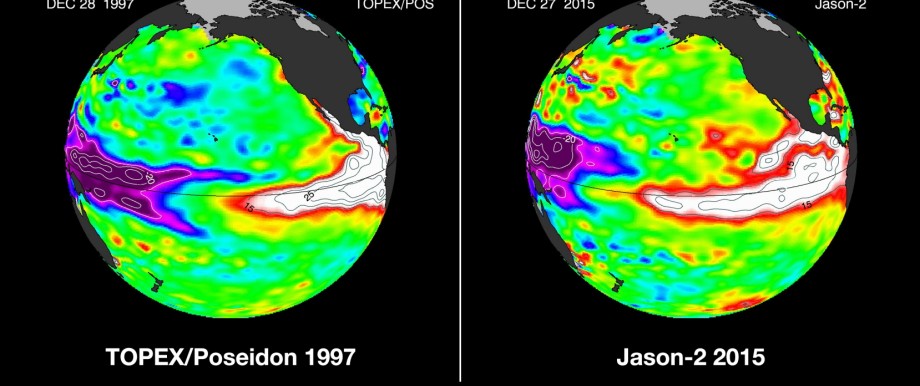 Stürme und Überschwemmungen: Wasserhöhen im Pazifik während des El Niño von 1997 und 2015. Höhere Meeresspiegel sind ein Indiz dafür, dass in diesen Regionen die Wassertemperaturen erhöht sind.