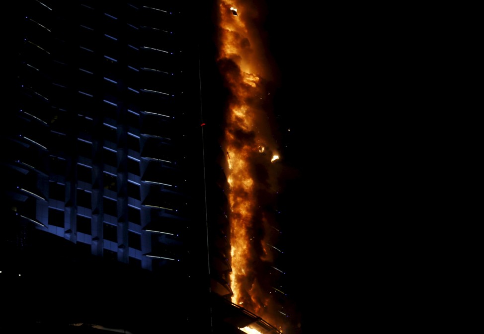 A fire engulfs The Address Hotel in downtown Dubai in the United Arab Emirates
