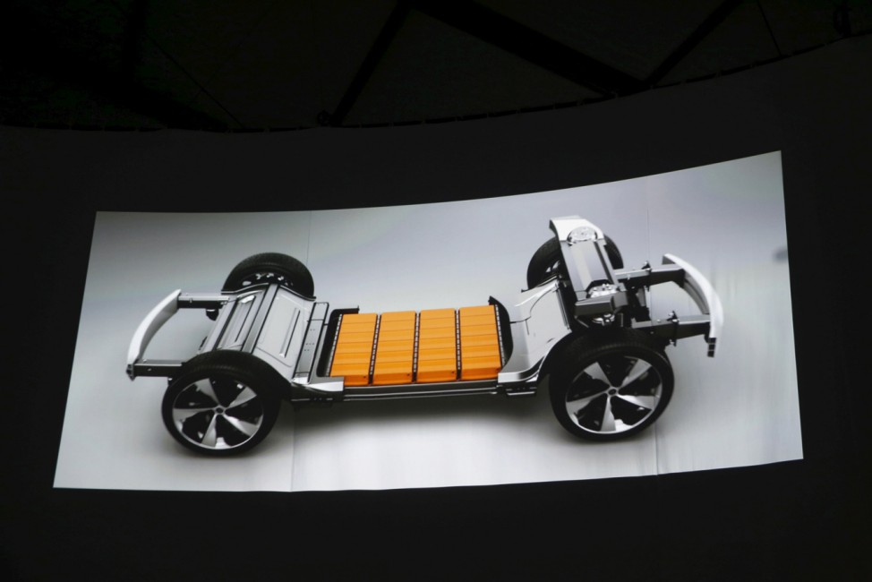 A video shows batteries on a car chassis during the unveiling of the Faraday Future FFZERO1 electric concept car at a news conference in Las Vegas