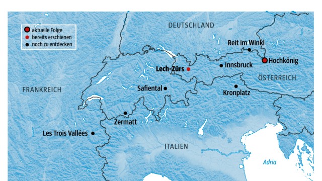 Skigebiete in den Alpen: In der Serie "Ein Tag im Schnee" testet die SZ Skigebiete. Bild: SZ-Grafik
