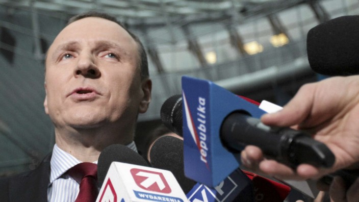 A newly appointed president of Polish Television (TVP) Jacek Kurski speaks to the press in Warsaw