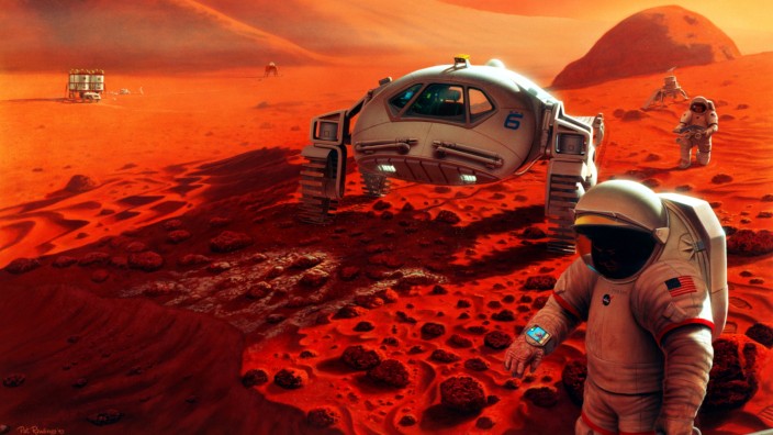 TU München: Bisher reisen Menschen nur in der Fantasie auf den Mars. So wie auf diesem Gemälde stellt sich die amerikanische Weltraumbehörde Nasa die Erkundung des Roten Planeten vor.