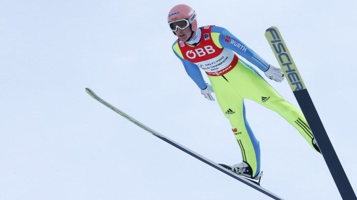 Freund of Germany competes during the first round of the Ski Flying World Championships at Kulm hill in Bad Mitterndorf