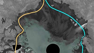 Ewiges Eis in der Arktis schrumpft: Der arktische Ozean auf einer Aufnahme der ESA im September 2007. Klar zu erkennen ist die offene Nordwest-Passage (orangene Linie) und die nur teilweise blockierte Nordost-Passage (blaue Linie). Die dunkelgrauen Flächen bezeichnen eisfreie Gebiete, die grünlichen Flächen zeigen Meereis.