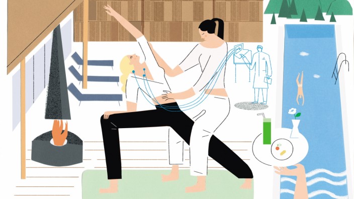 Detox-Urlaub: Yoga-Übung samt Entgiftungsdrink in Reichweite, das gehört zum festen Programm in den sogenannten Well-Clinics. Illustration: Stephanie Wunderlich