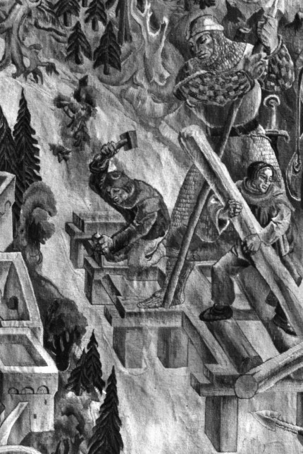 Brückenbau, Ausschnitt aus dem Gobelin von Bruno Goldschnitt "Grünung der Stadt München durch Heinrich den Löwen", 1938, hängt heute im Ratssaal des Pasinger Rathauses