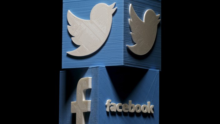 3D-printed Facebook and Twitter logos are seen in this picture illustration made in Zenica