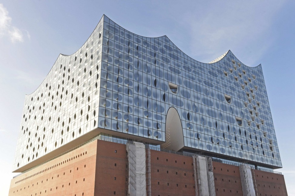General view of the exterior of the Elbphilharmonie (Philharmonic Hall) while under construction in Hamburg