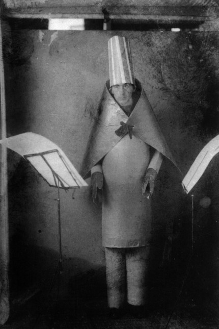 Hugo Ball (1886-1927) Dadaist writer and poet, here wearing a cubist suit made by himself and MarcelJanco for reciting of his poems at cabaret Voltaire, Zurich, june 23, 1916