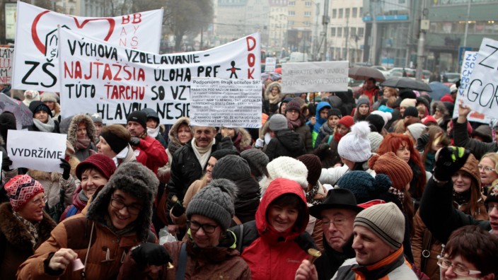 160125 BRATISLAVA Jan 25 2016 Teachers participate in a protest in Bratislava Slovakia