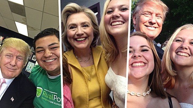 US-Vorwahl: Millennials posieren mit Präsidentschaftskandidaten: Die Politiker sind froh um die kostenlose Wahlwerbung.