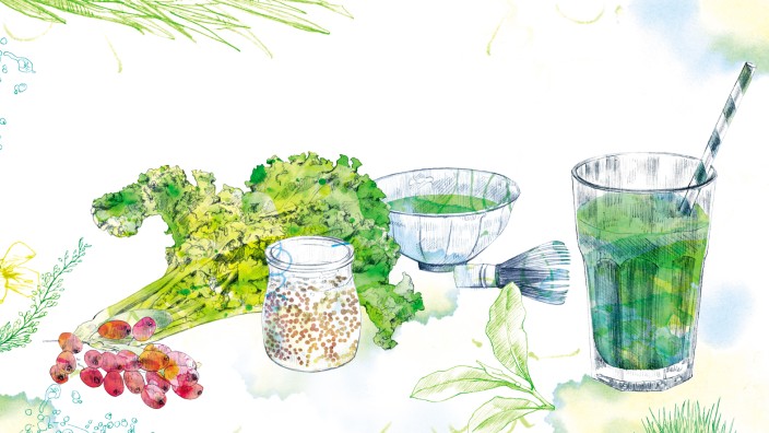 Superfoods: Sollen super sein: Goji-Beeren, Grünkohl, Chia-Samen-Shake, Macha-Tee und Algen-Drink. Illustration: Bianca Classen