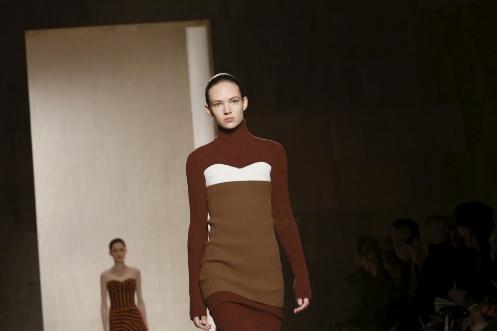 Models present creations from the Victoria Beckham Fall/Winter 2016 collection at New York Fashion Week.