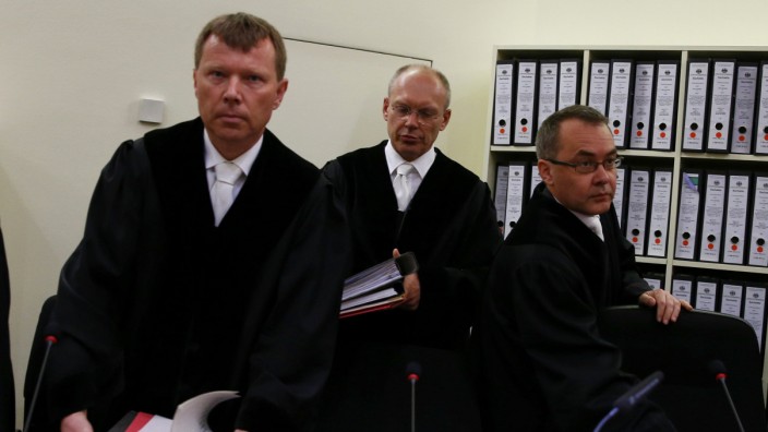 Chief Judge Goetzl stands in the court before the start of the trial of Zschaepe, a member of the neo-Nazi group National Socialist Underground (NSU), in Munich
