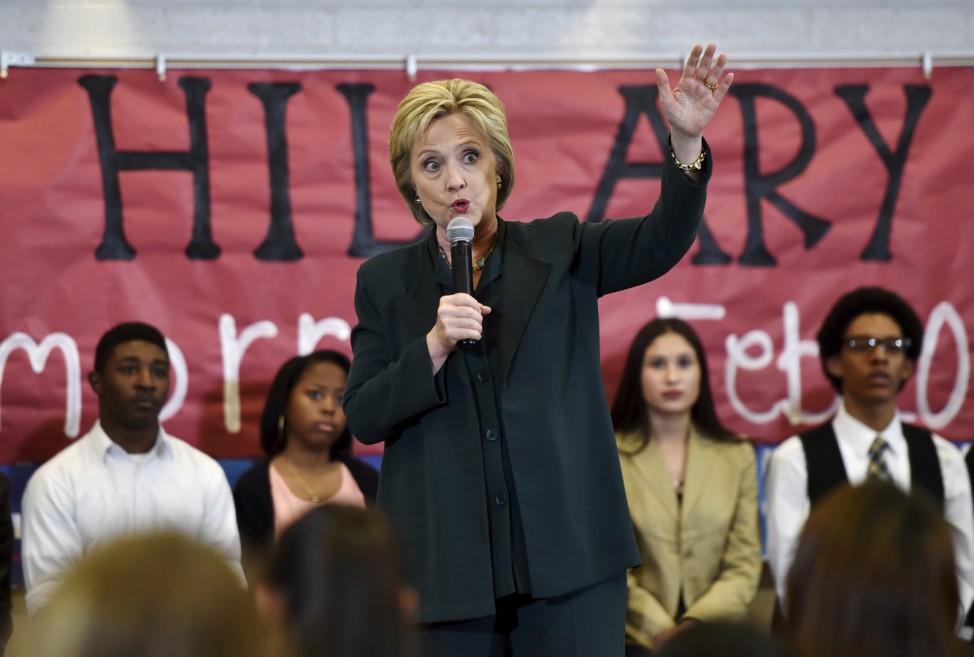 U.S. Democratic presidential candidate Hillary Clinton speaks with students at Del Sol High School in Las Vegas