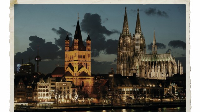 Prozess: Oh, wie schön ist Köln: der Dom, der Rhein, der Fernsehturm - ein Postkartenidyll im Abendlicht. SZ-Grafik, Foto: dpa