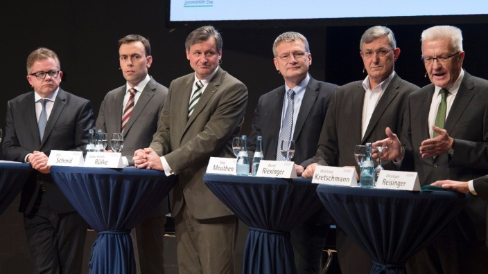 Baden-Württemberg: Die Kandidaten (v.l.n.r.) Guido Wolf (CDU), Nils Schmid (SPD), Hans-Ulrich Rülke (FDP), Jörg Meuthen (AfD), Bernd Riexinger (Linke) und Winfried Kretschmann (Grüne).