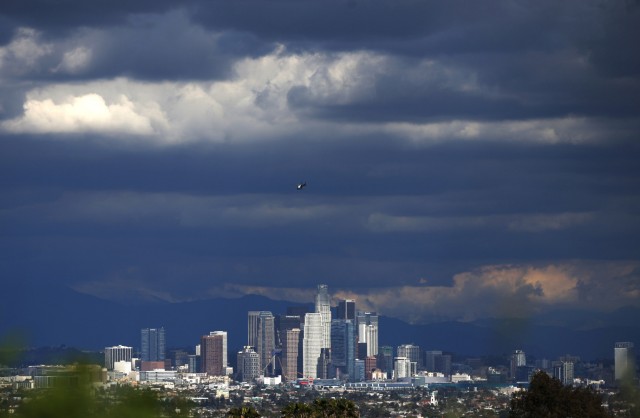 Rain clouds move in over downtown Los Angeles