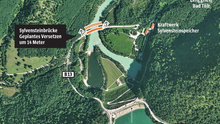 Sylvenstein: Die Brücke soll nach Süden versetzt werden.SZ-Grafik
