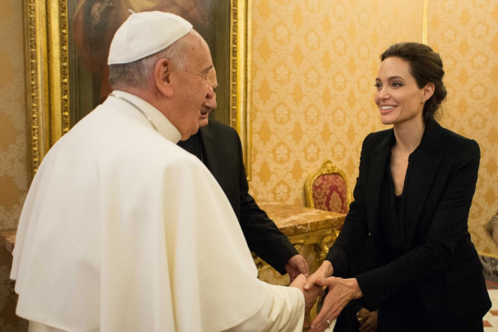 Pope Francis meets U.S. actress Angelina Jolie during a private audience at the Vatican