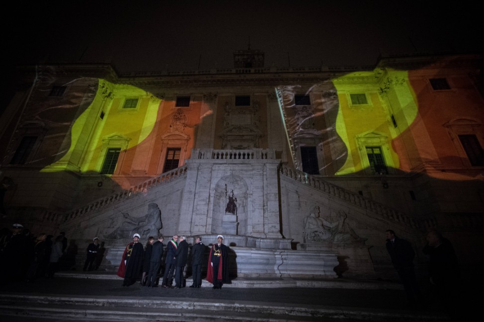 The homage of Roma for Brussels terrorist attack victims The Belgian flag projected on Rome s Campid